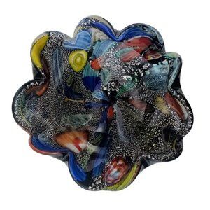 Vtg Avem Murano Glass Bowl Rolled Edges Silver Detail Black Multicolor Ashtray